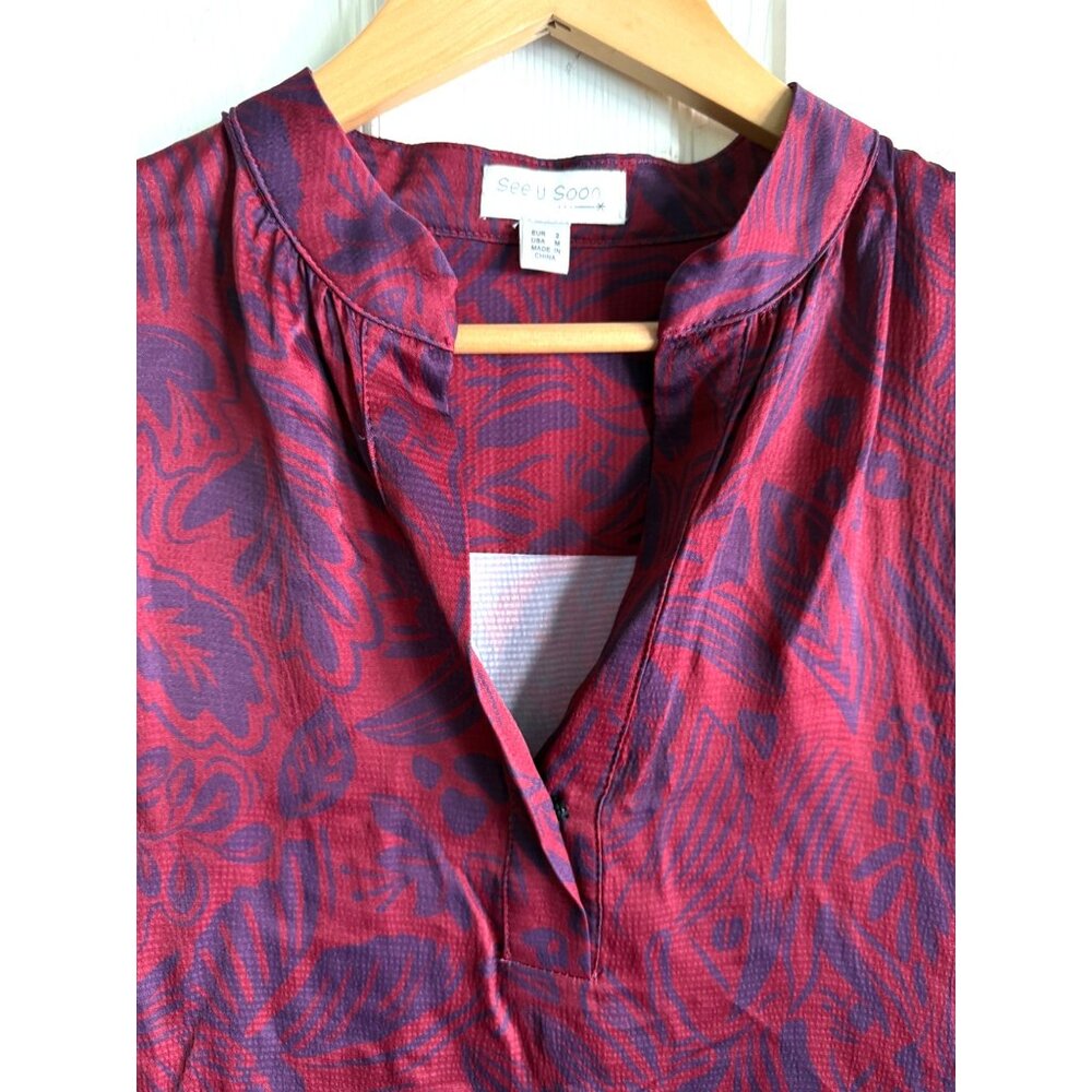 Size M See You Soon deep red navy silky shirt dress loose slouch fit puff sleeve - Picture 3 of 5